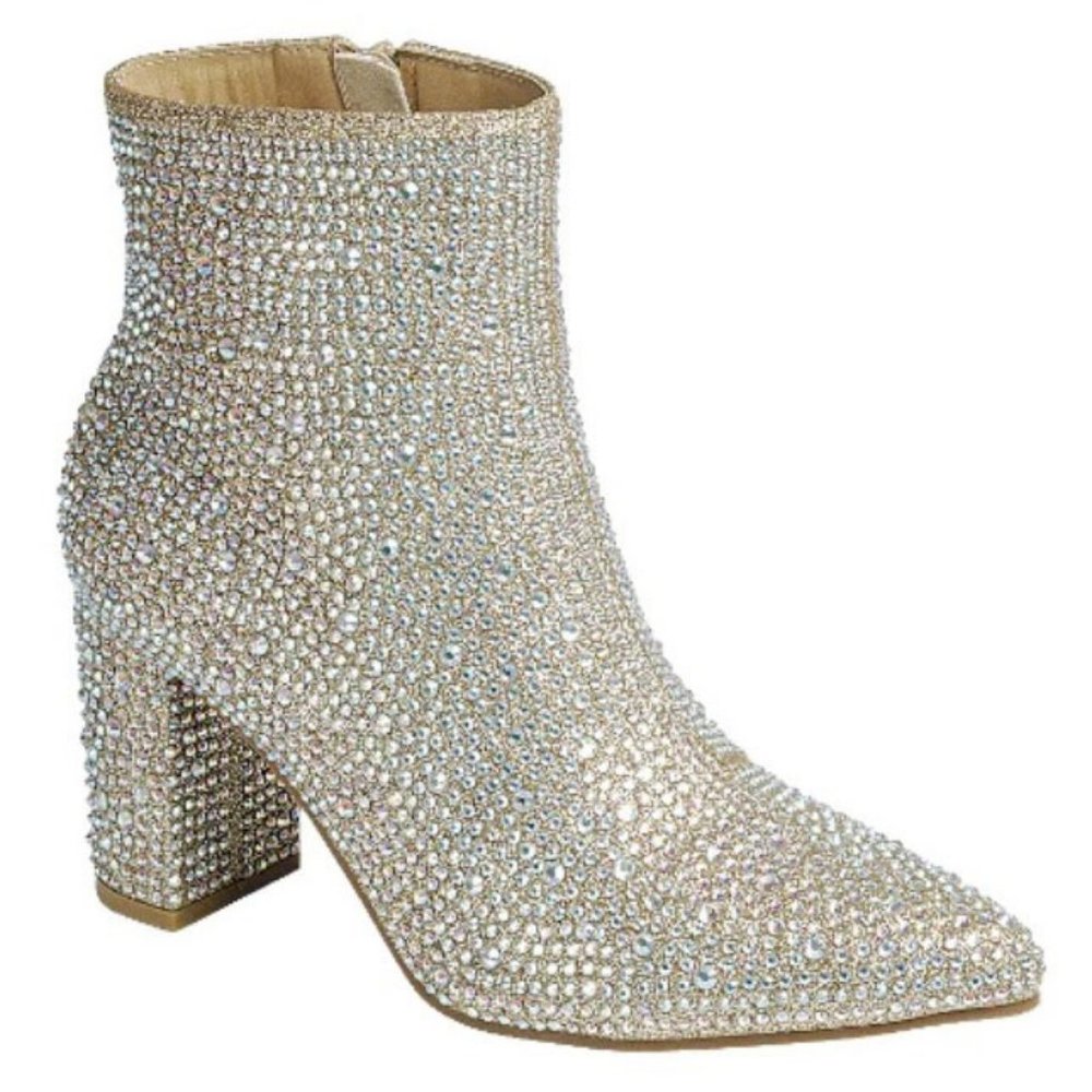 New Women Champagne Gold Rhinestone Blingy Pointed Ankle Boots Booties